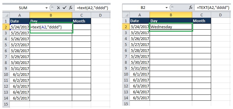 Excel TEXT function to convert date to weekday name