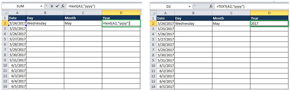 Excel TEXT function to convert date to Year