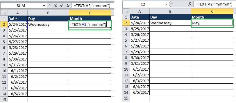 Excel TEXT function to convert date to Month name