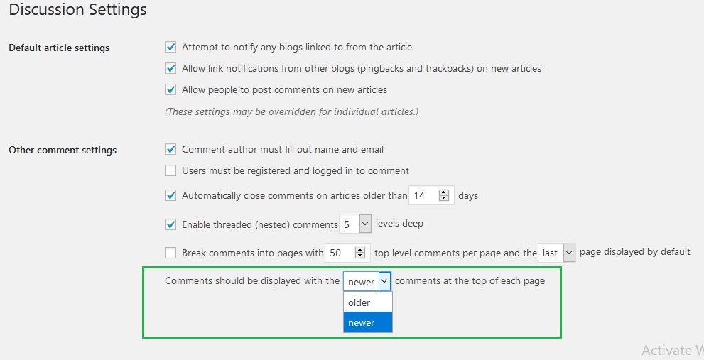 Wordpress Comment Display Setting Step 2
