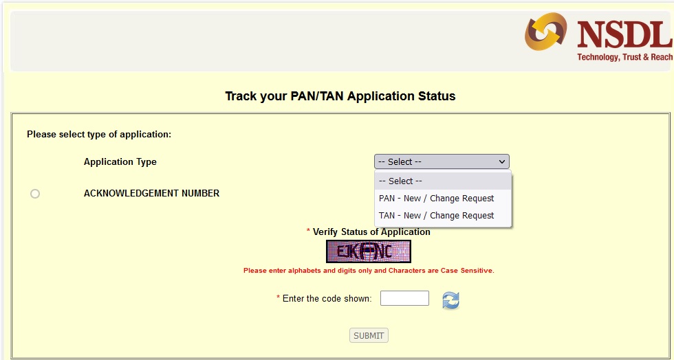 Select Pan Card Application Type