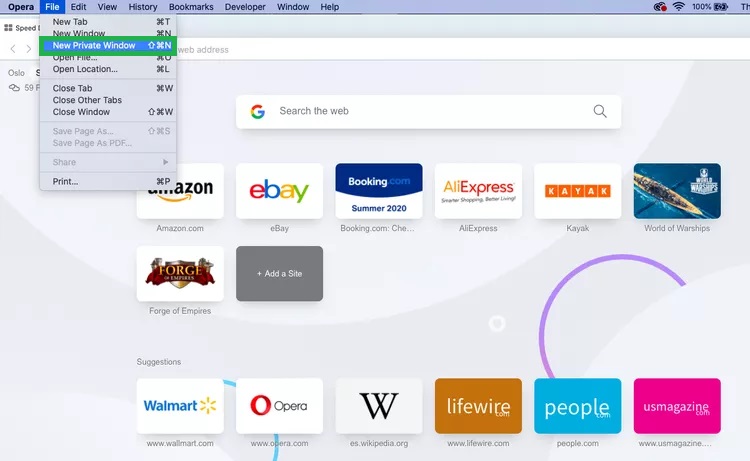 Open Private Window in Opera