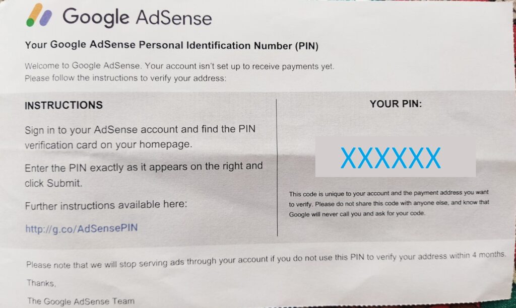 Google Adsense PIN